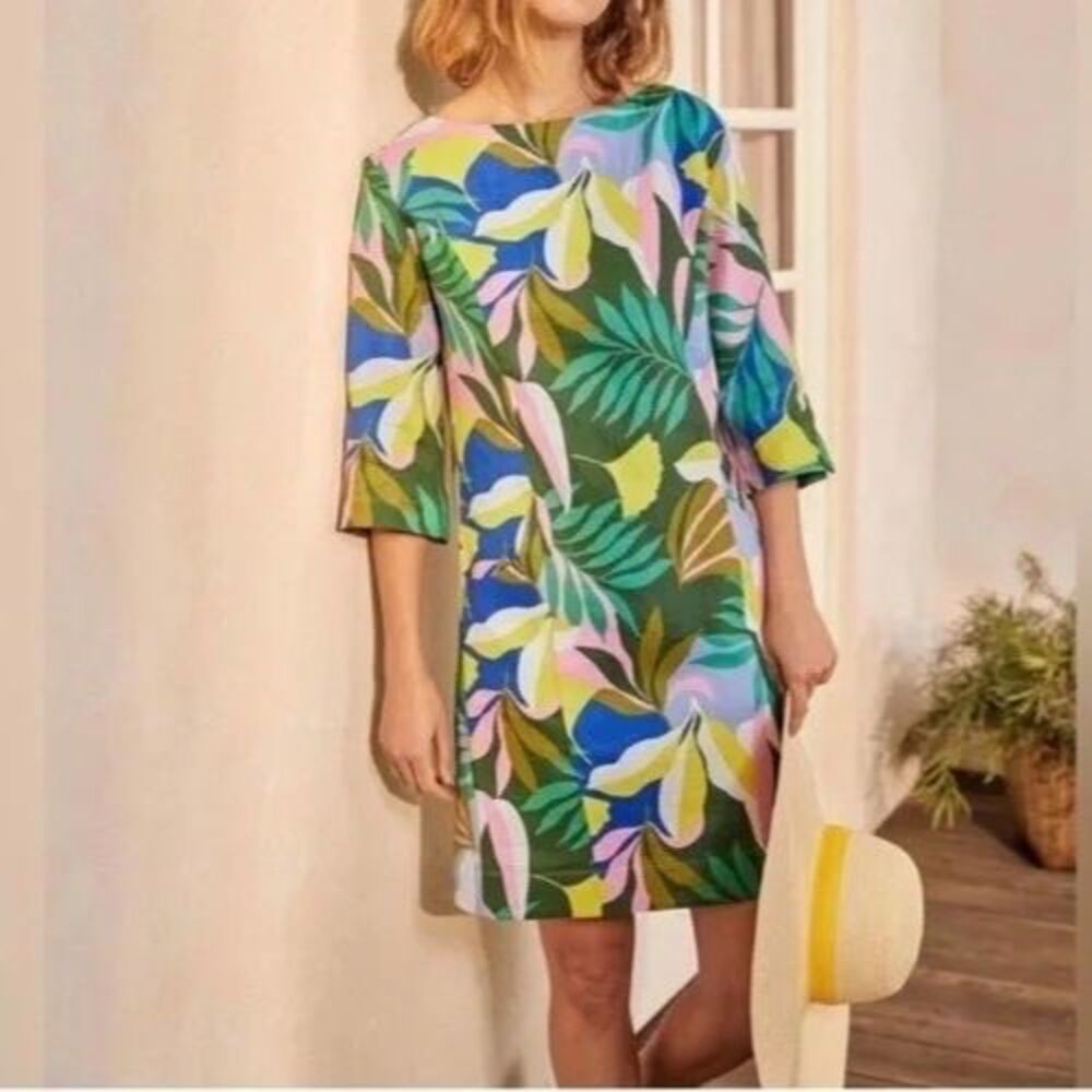 BODEN Laurie 100% Linen Tropical Floral Shift Dress 3/4 Sleeve Pockets Preppy 2R